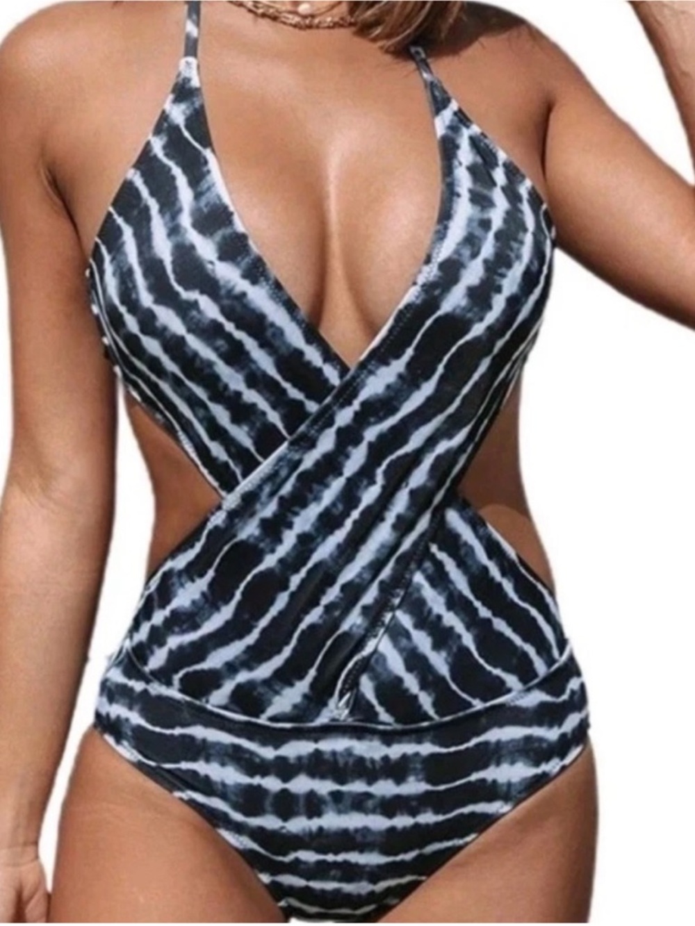 Shedrift Tie Dye Blue White Criss Cross One Piece Sexy Swimsuit Size M